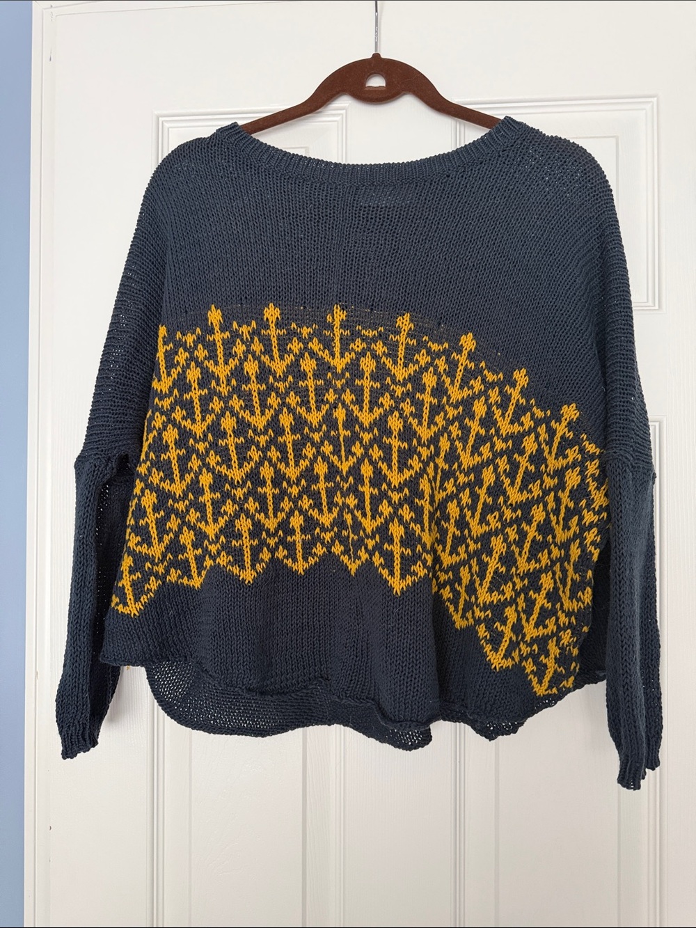 Wooden Ships Navy Crewneck Sweater with Yellow Intarsia Pattern